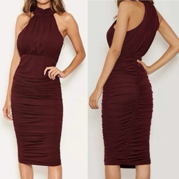 A/X Armani Exchange Dresses & Skirts - Armani Exchange Plum Burgundy Ruched Halter Midi Dress NWT Size 14
